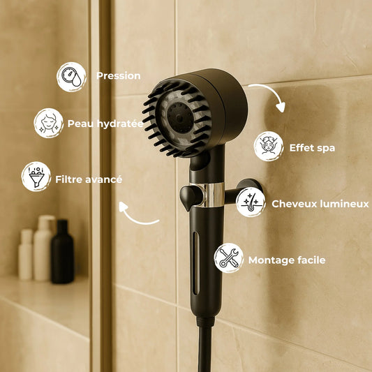PureJet — Pommeau de douche spa, filtration 15 étapes, 3+1 modes, Stop 1-clic 🚿